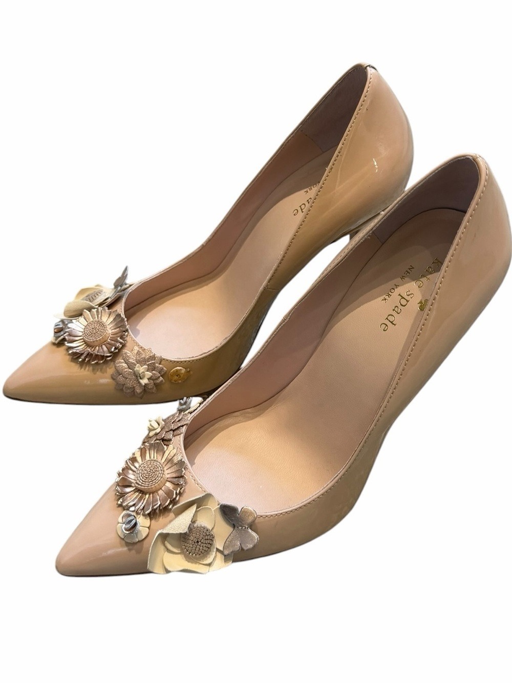Kate Spade Evelyn Pale Pink Patent Leather Pointed Toe Pumps Floral Appliqués 8